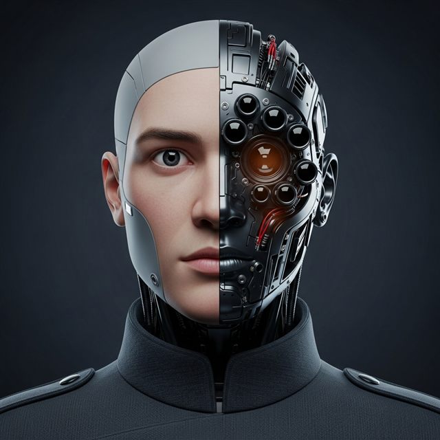 ATHANOR, depicted as a part-human, part-machine sentinel with an array of optical sensors