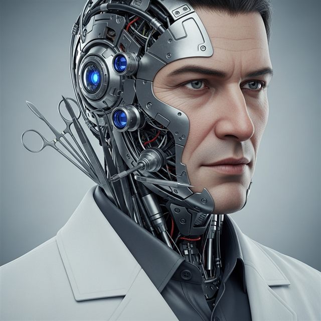 PELICAN, depicted as a part-human, part-machine medic in a white clinical coat